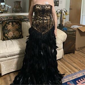 Sue Wong Strapless Black and Gold Feather Dress NWT